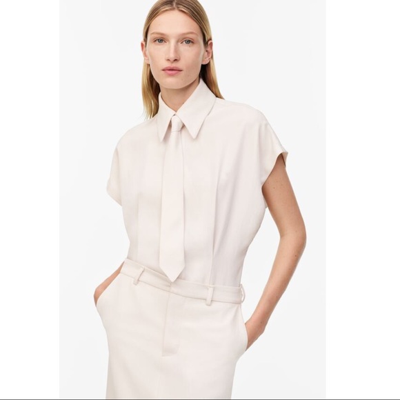 ZARA Limited Edition Tailored Layered Ecru Cream Corporate Midi Shirt Dress Tie - Picture 2 of 16
